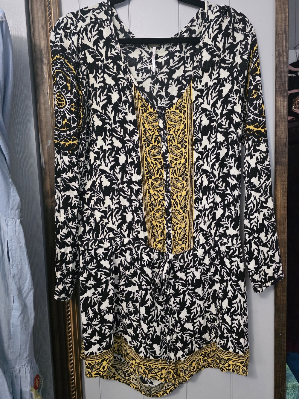 Free People Black White Floral Long-Sleeve ROMPER with Mustard Embroidery